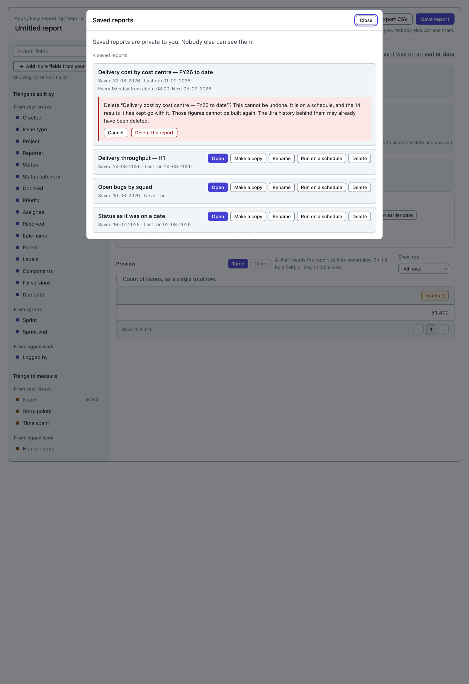 The delete confirmation on the scheduled report. It reads: Delete "Delivery cost by cost centre — FY26 to date"? This cannot be undone. It is on a schedule, and the 14 results it has kept go with it. Those figures cannot be built again. The Jira history behind them may already have been deleted.