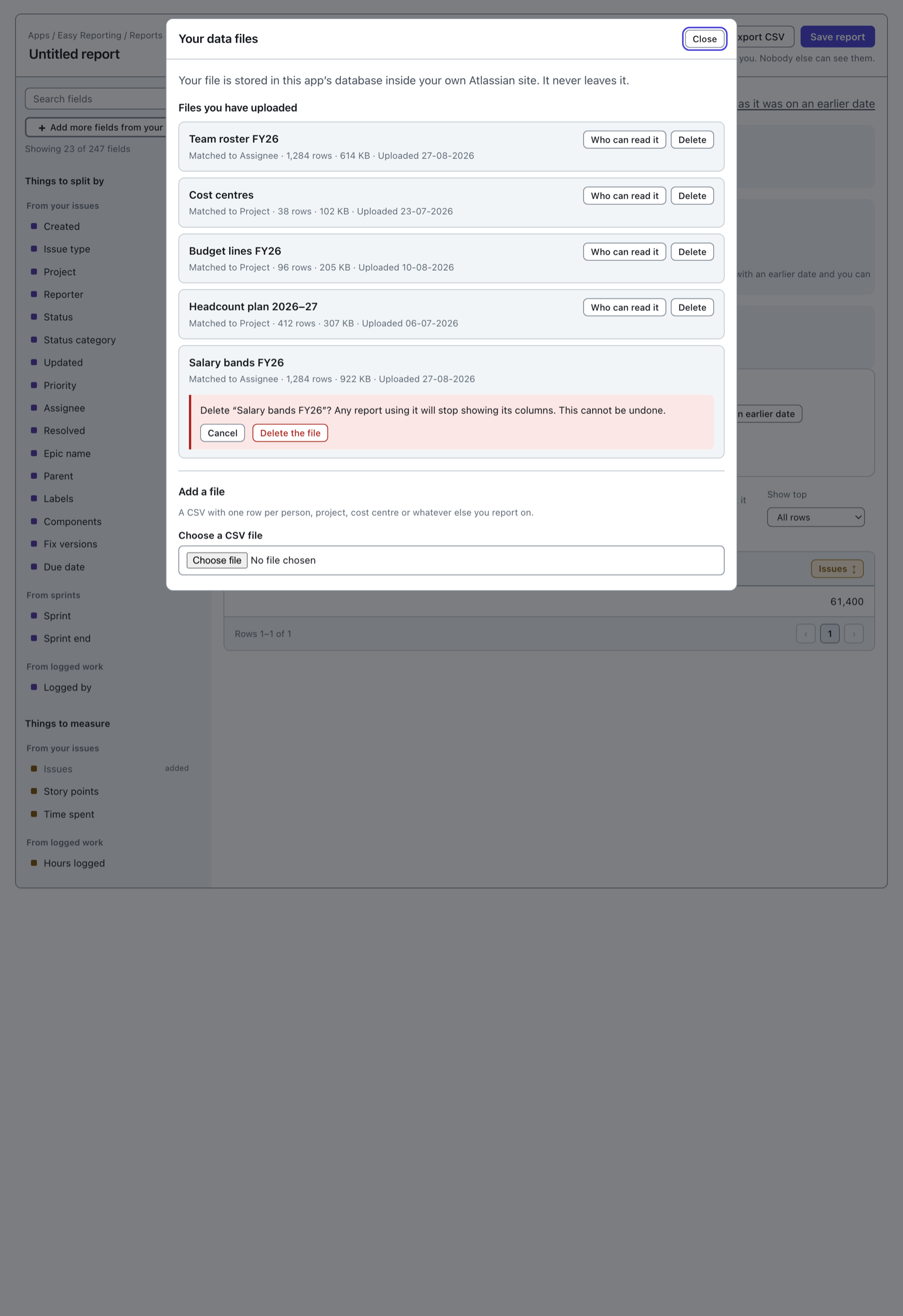 The delete confirmation on an uploaded file. It reads: Delete "Salary bands FY26"? Any report using it will stop showing its columns. This cannot be undone. Cancel and "Delete the file" sit underneath.