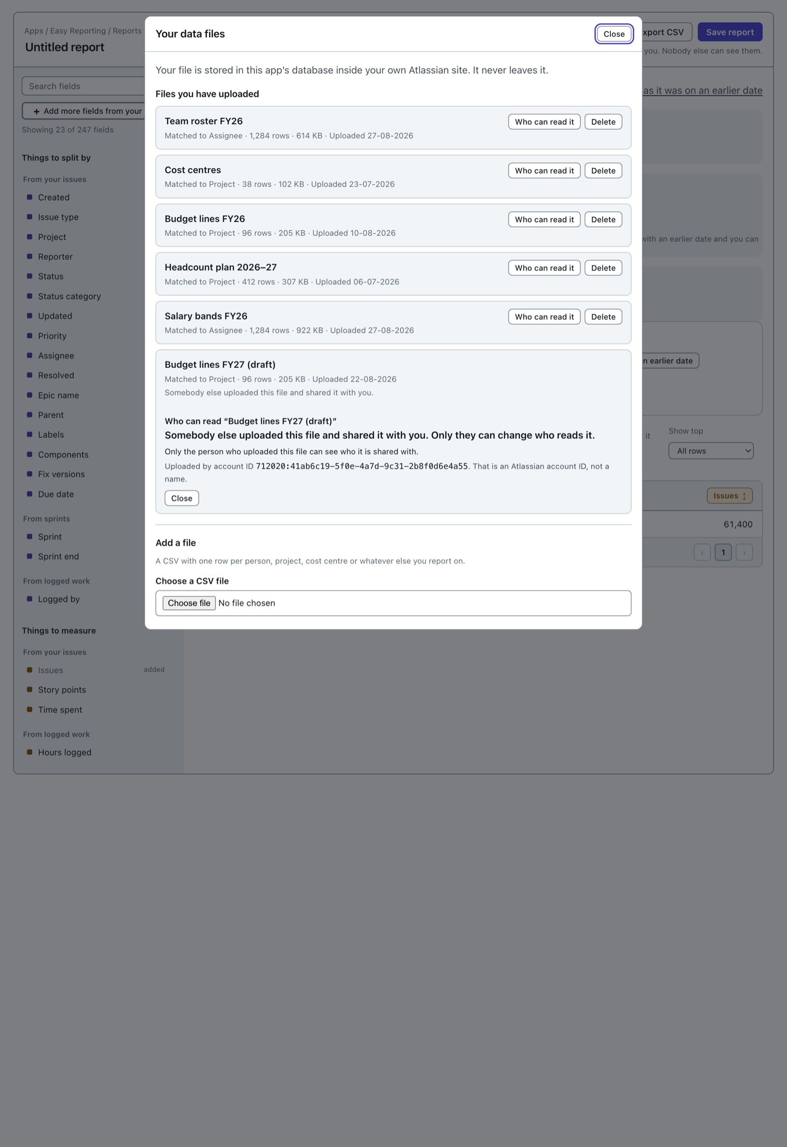The sharing box for a file somebody else uploaded. It says somebody else uploaded this file and shared it with you, that only they can change who reads it, that only the person who uploaded a file can see who it is shared with, and gives the uploader's Atlassian account ID.