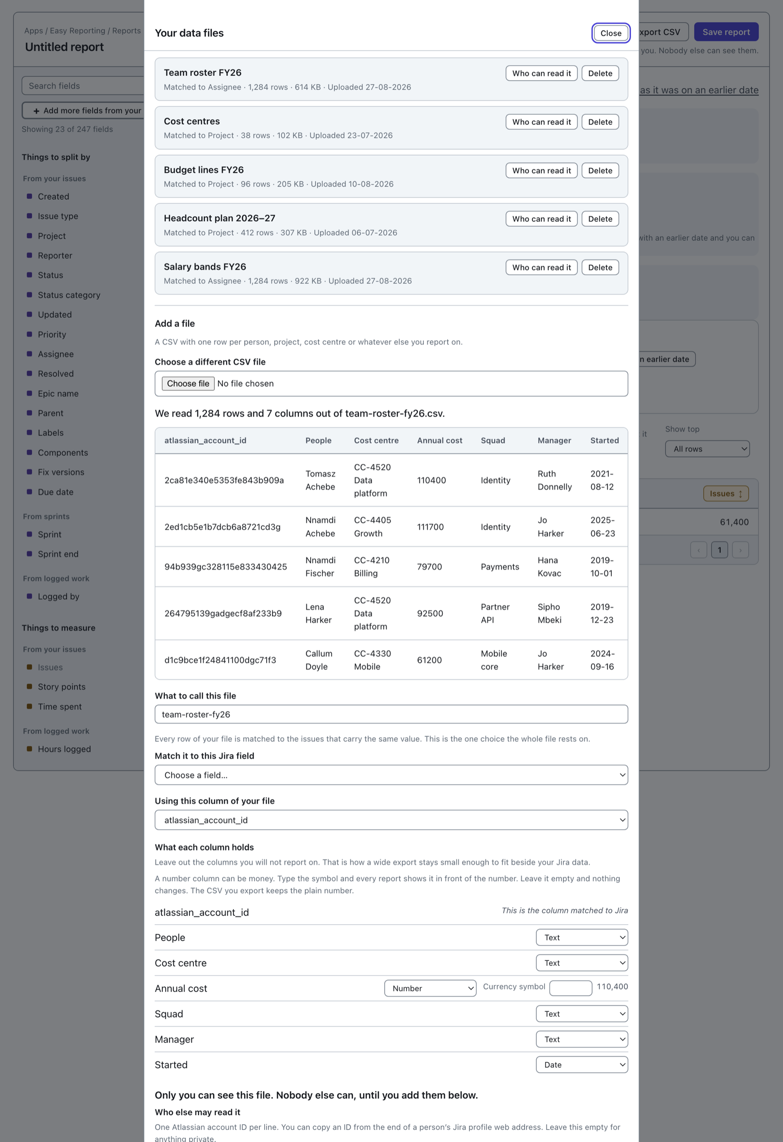 The Add a file section after choosing a file. A line reads "We read 1,284 rows and 7 columns out of team-roster-fy26.csv", and below it a table shows the first five rows under the headings from the file.