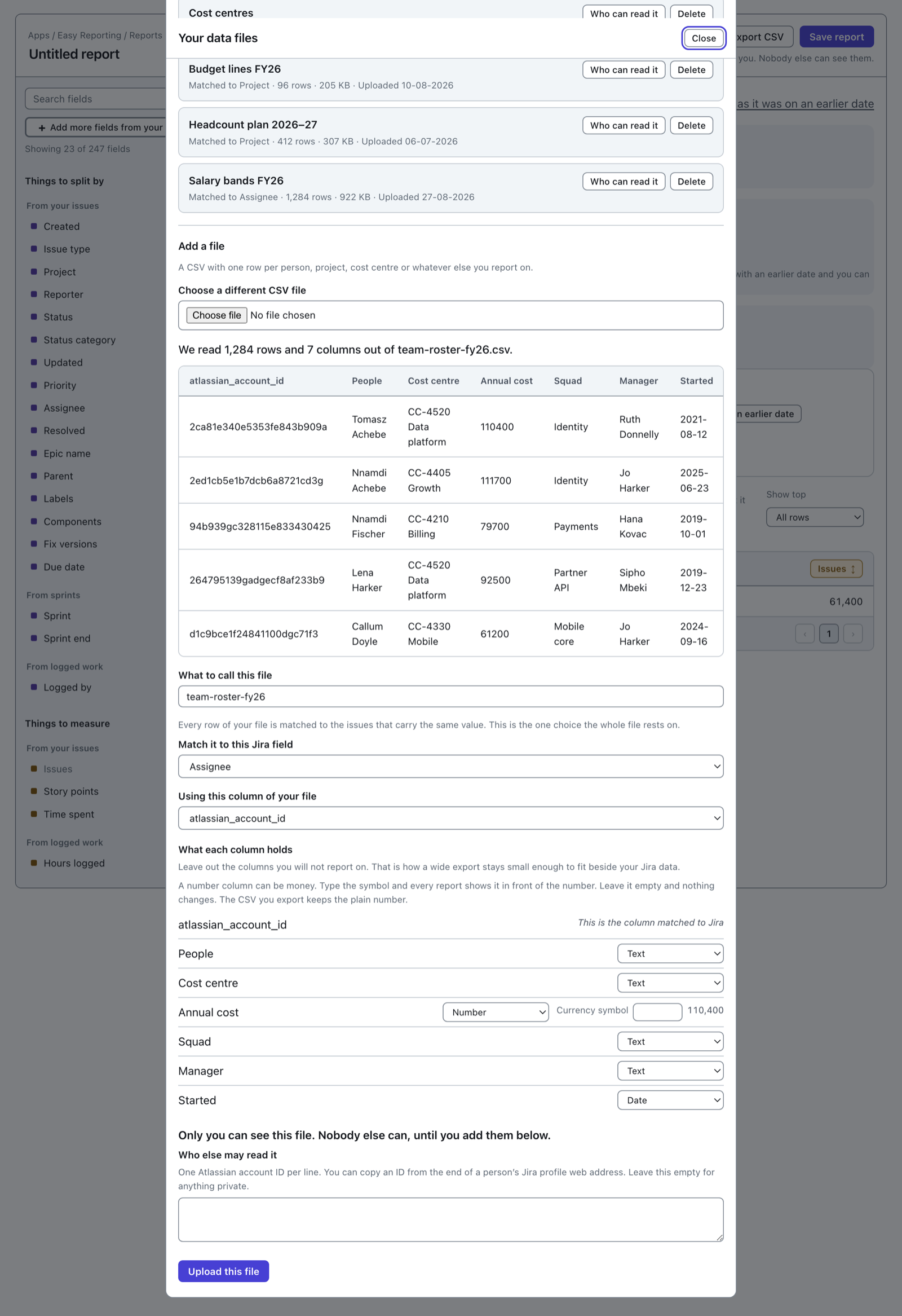 The two matching controls. "Match it to this Jira field" is set to Assignee, and "Using this column of your file" is set to atlassian_account_id. Above them a line reads "Every row of your file is matched to the issues that carry the same value. This is the one choice the whole file rests on."