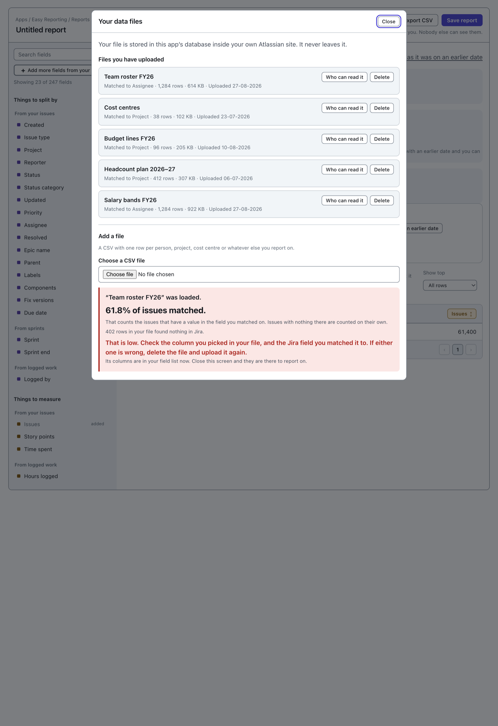 The same result box after a bad upload. It reads "61.8% of issues matched", "402 rows in your file found nothing in Jira", and then, highlighted: "That is low. Check the column you picked in your file, and the Jira field you matched it to. If either one is wrong, delete the file and upload it again."